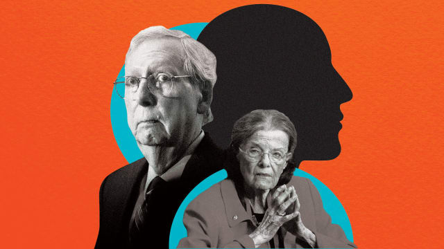 A photo illustration showing Mitch McConnell and Dianne Feinstein with a looming anonymous figure in the background.