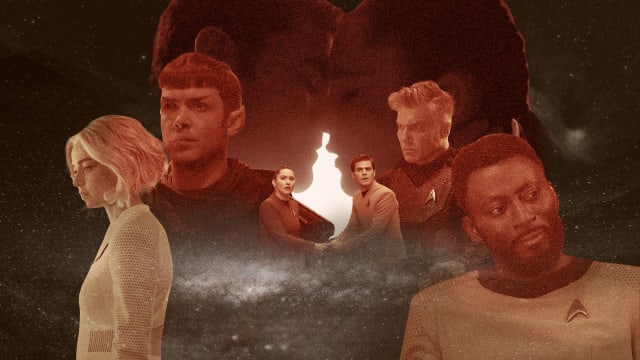 A photo illustration of Stark Trek: Strange New Worlds showing various characters from the show in space.