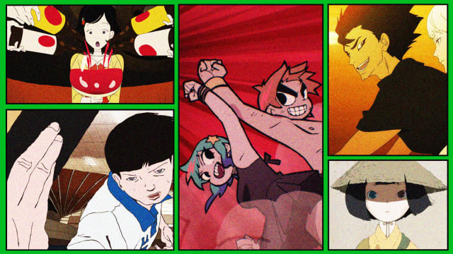 A photo illustration showing stills from Scott Pilgrim Takes Off, Ping Pong: The Animation, The Night Is Short, Walk on Girl, Devilman Crybaby and The Heike Story.