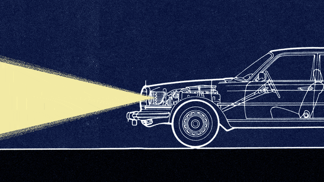 A photo illustration showing a car with adaptive high beams turning on and off. 