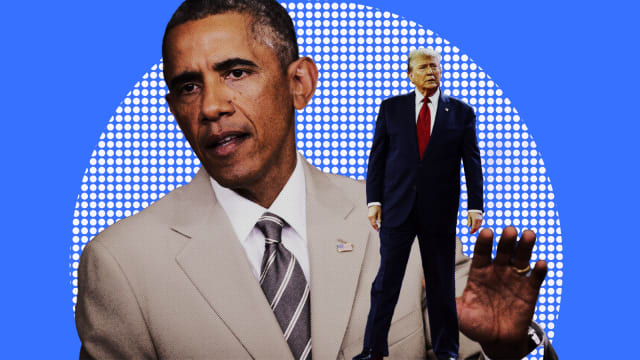 A photo illustration showing Barack Obama in a tan suit and Donald Trump in a suit with a red long tie.