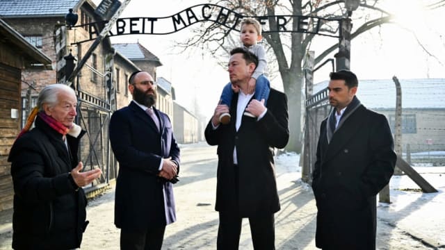 Elon Musk visits Auschwitz-Birkenau with European Jewish Association (EJA) Chairman Rabbi Menachem Margolin, Ben Shapiro and Holocaust survivor Gidon Lev in Oswiecim, Poland.