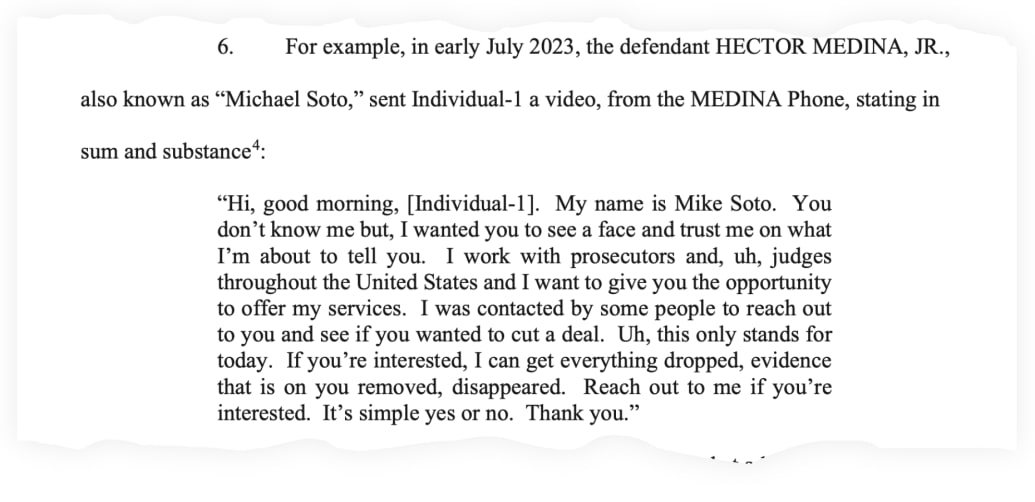 A snippet from the federal complaint charging Hector Medina with wire fraud.
