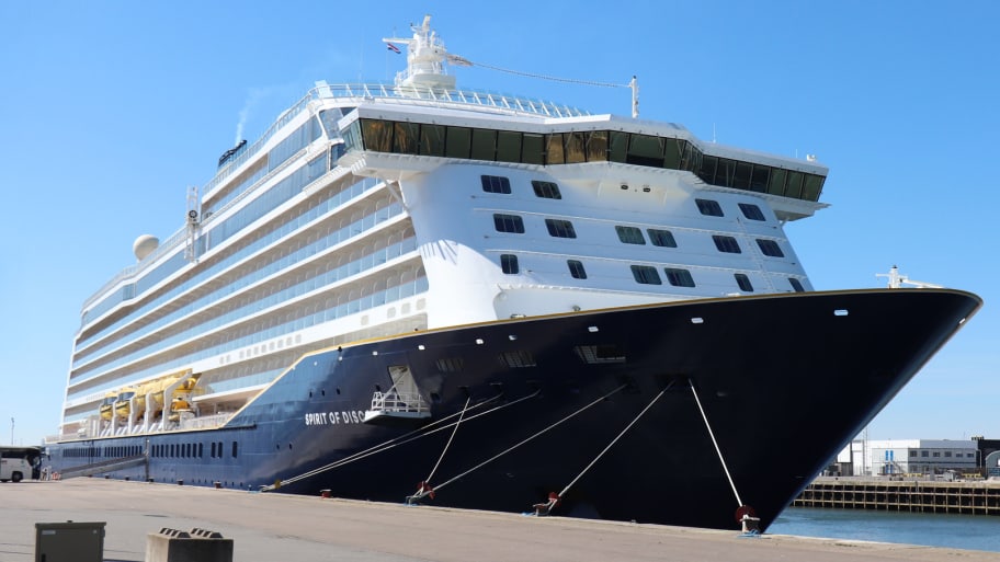 Spirit of Discovery Saga Cruises moored at Felison Cruise Terminal in the Netherlands, April 17, 2022.
