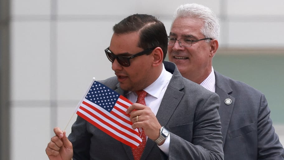 A picture of U.S. Representative George Santos (R-NY) walking with his lawyer Joseph Murray, who has asked the judge overseeing Santos’s money laundering and wire fraud case to expand his travel area under his bail.