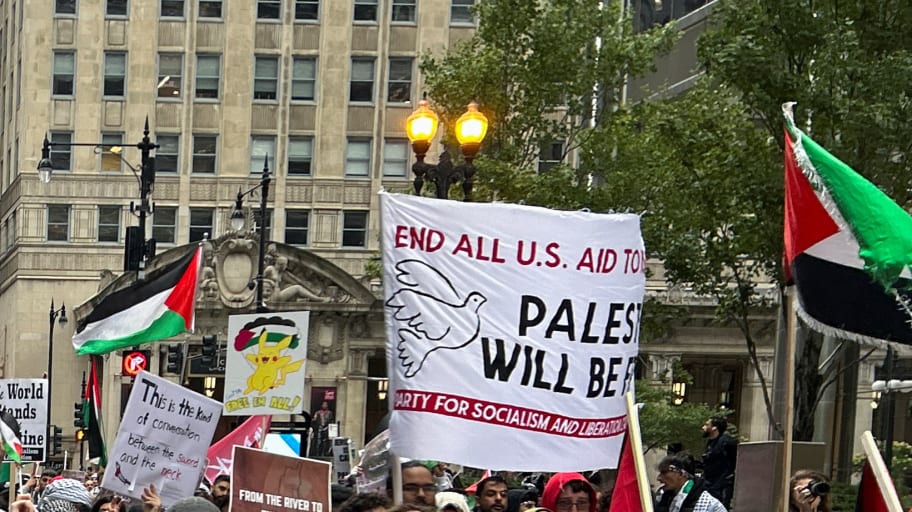 Palestinian-Americans and their supporters march as the conflict between Israel and the Palestinian militant group Hamas continues, in downtown Chicago