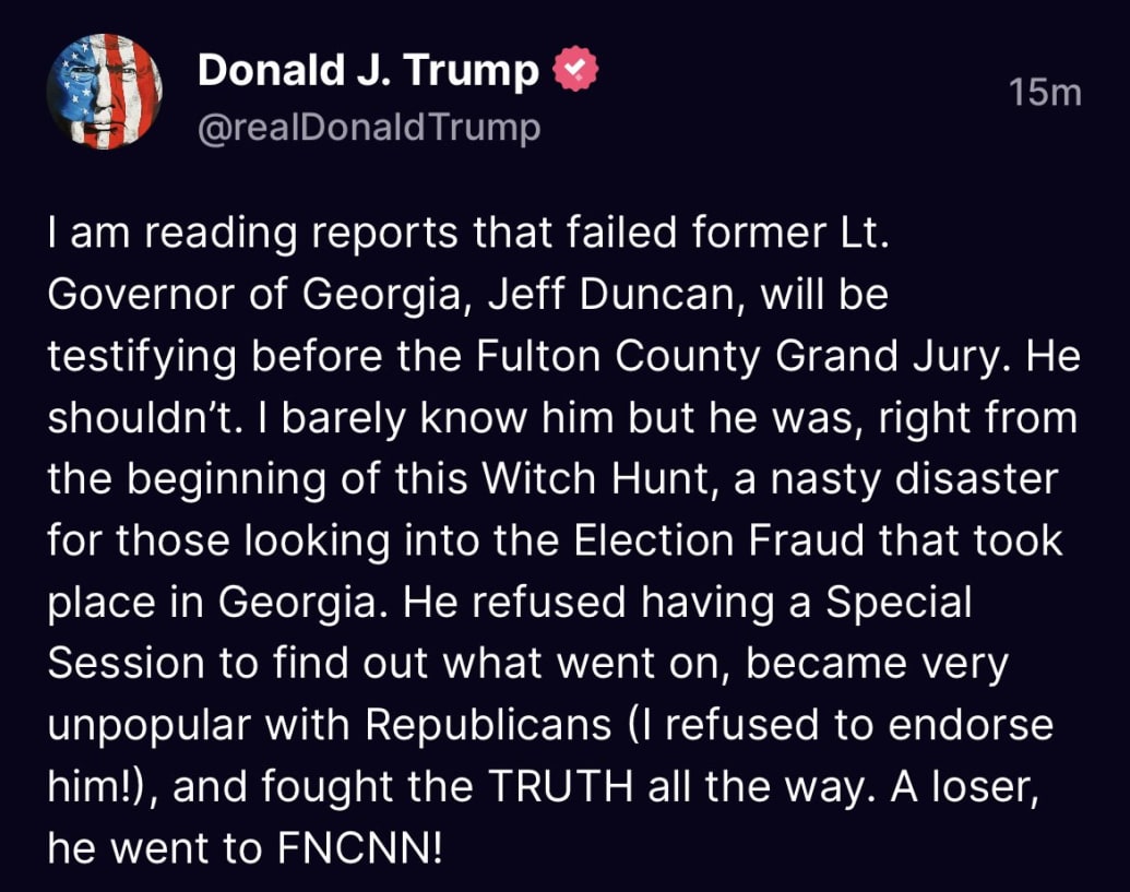 Donald Trump’s post to Truth Social on Monday about Geoff Duncan.