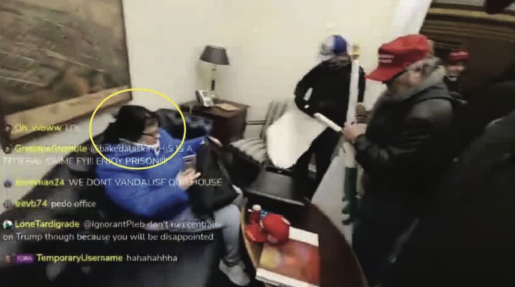 A screenshot of Sandra Hodges as seen on Anthime “Baked Alaska” Gionet's livestream from inside the Capitol on Jan. 6.