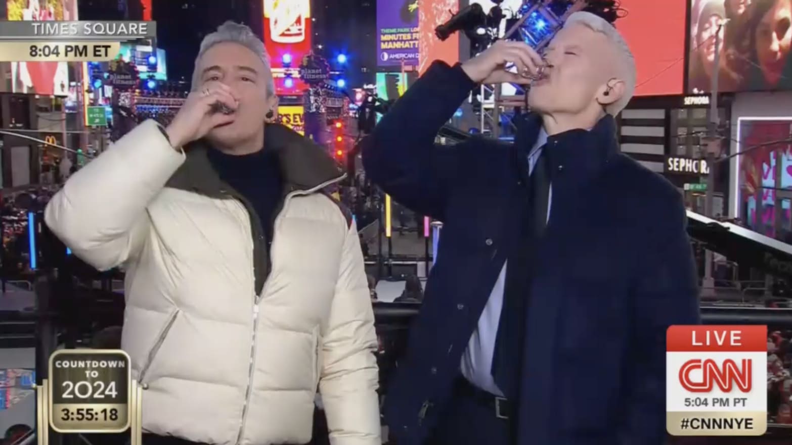Anderson Cooper and Andy Cohen down a shot on CNN