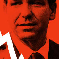 Photo illustration of Ron DeSantis on a red background with a downward arrow going through him