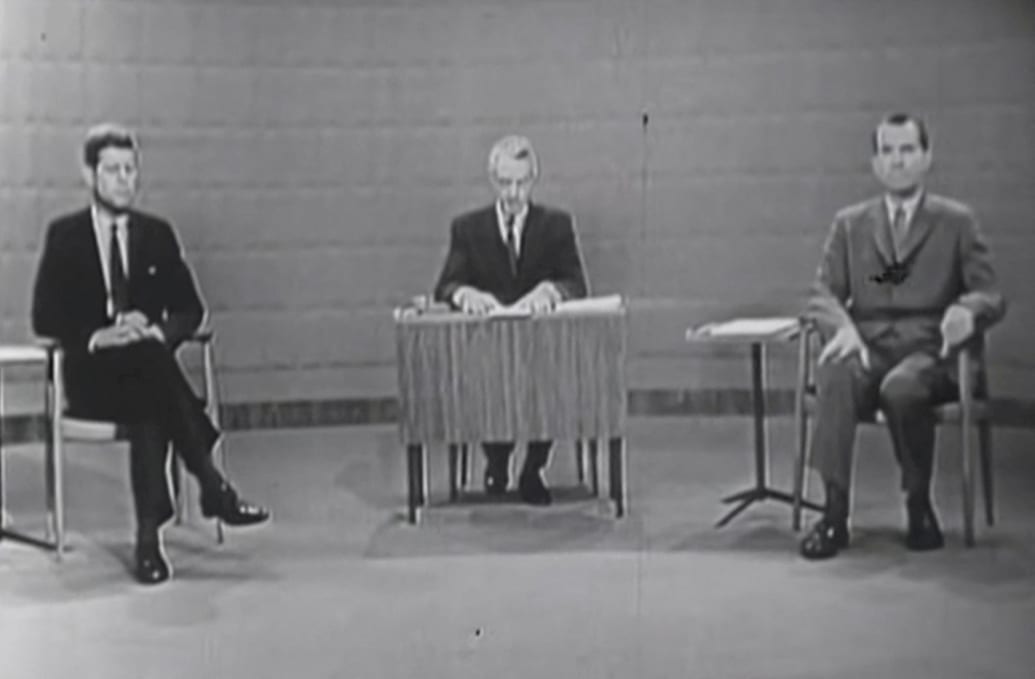 A black and white image of the Nixon-JFK presidential debate