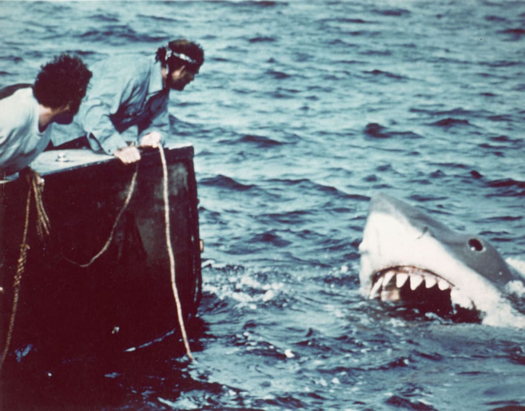 A picture of Richard Dreyfuss, Robert Shaw  and 'Bruce' in a scene from the film 'Jaws' directed by Steven Spielberg.