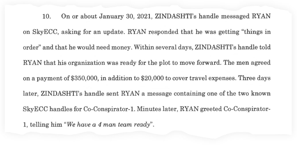 A snippet from the indictment, describing Ryan and Zindashti discussing payment for the hit.
