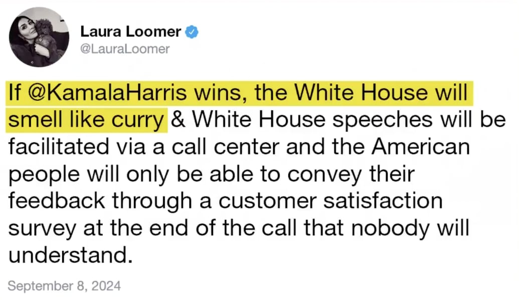 Laura Loomer makes a racist remark about Kamala Harris on X.