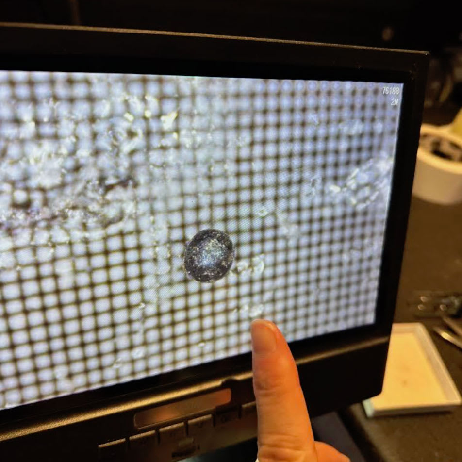A photograph of a computer screen displaying an image of a meteorite fragment collected from the ocean floor.