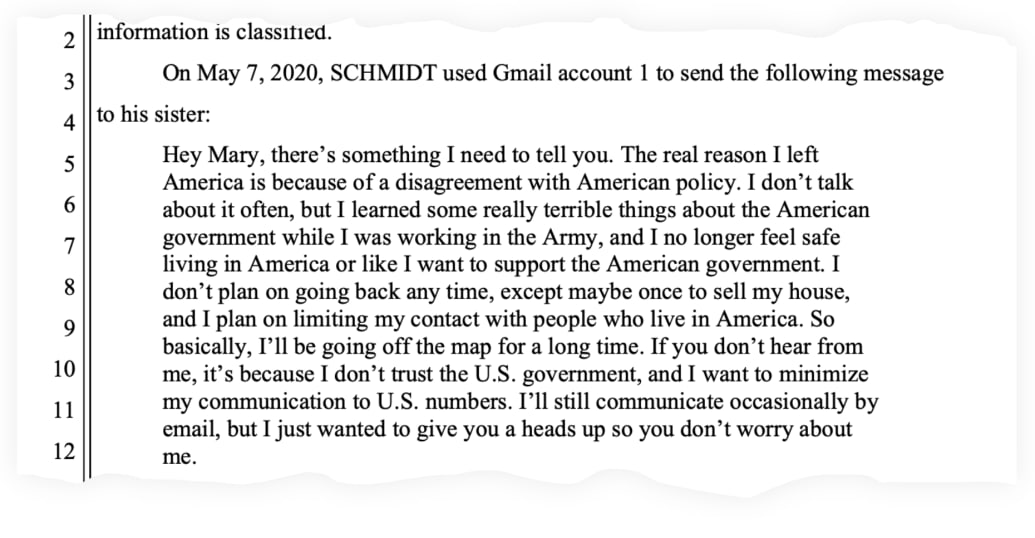 A snippet from an FBI affidavit containing an email from Schmidt to his sister.