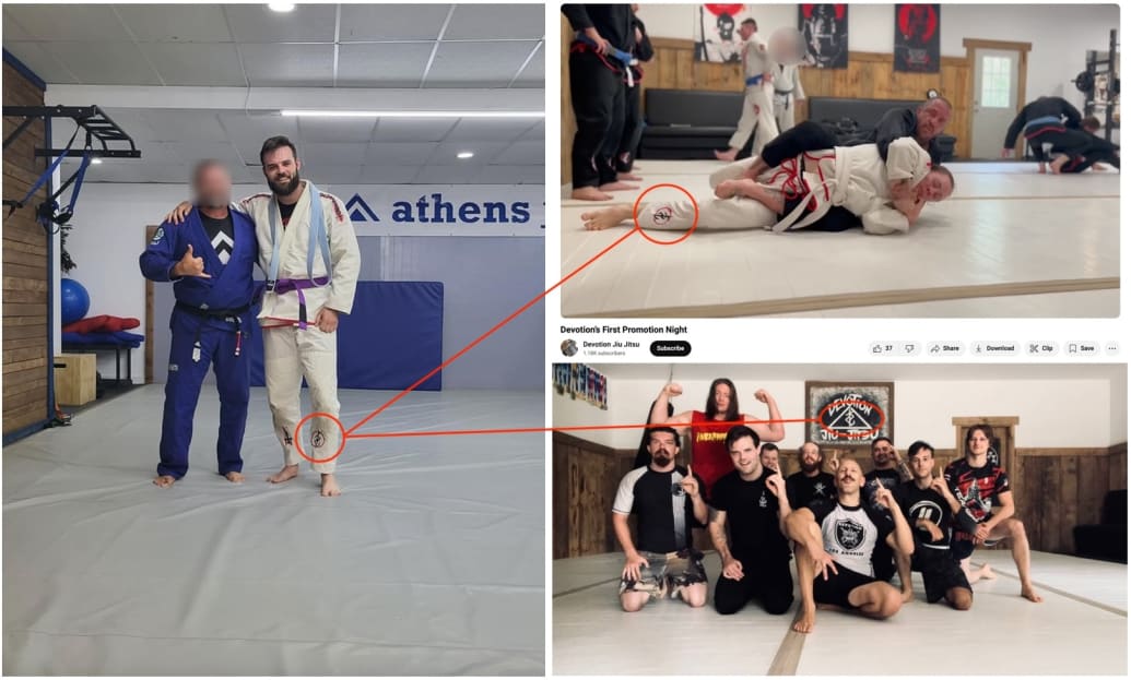 A video posted on YouTube and image posted on Telegram show Elliott wore far right Devotion Jiu Jitsu insignia to Athens’ “family friendly” school.