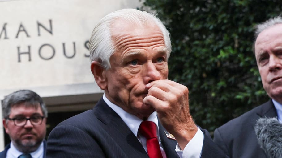 Peter Navarro, adviser to former U.S. President Donald Trump, faces reporters after he was convicted of contempt of Congress.