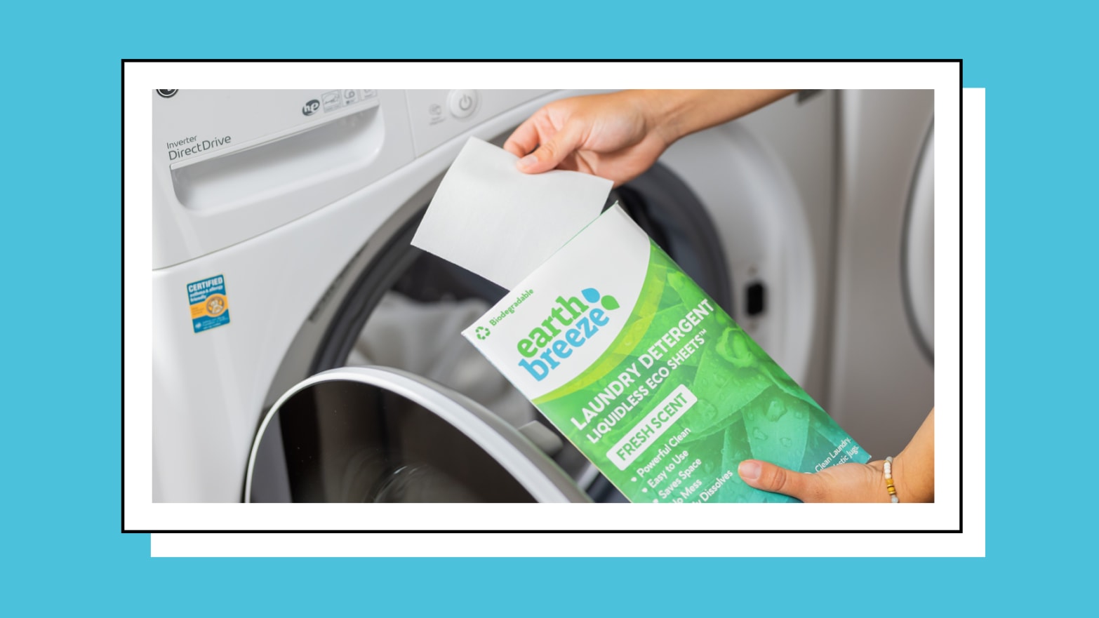 Earth Breeze products being used to wash clothes. 