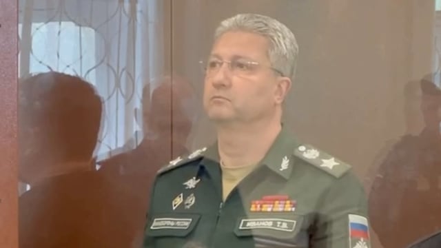 Russian Deputy Defense Minister Timur Ivanov detained on suspicion of taking major bribes attends a court hearing in Moscow, Russia, in this still image from video released April 24, 2024.