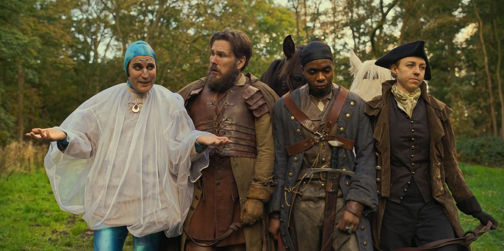 Noel Fielding, Marc Wootton, Duayne Boachie and Ellie White in The Completely Made-Up Adventures of Dick Turpin.