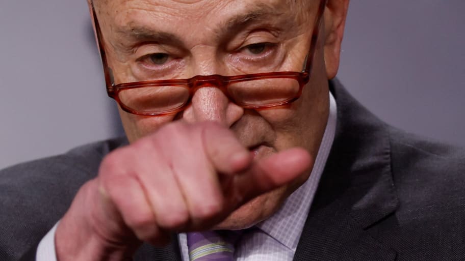 Senate Majority Leader Chuck Schumer (D-NY) pointing a finger while at a news conference he's holding on the looming debt ceiling issue at the U.S. Capitol in Washington, DC. 