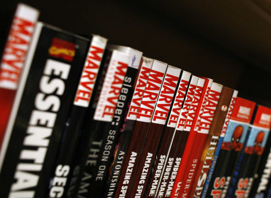 Marvel graphic novels sit on the shelf of a bookstore in New York
